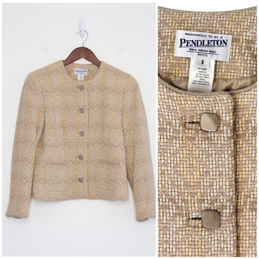 Pendleton Southwestern Ikat Blazer Wool Women 8 Petite Beige Western Jacket